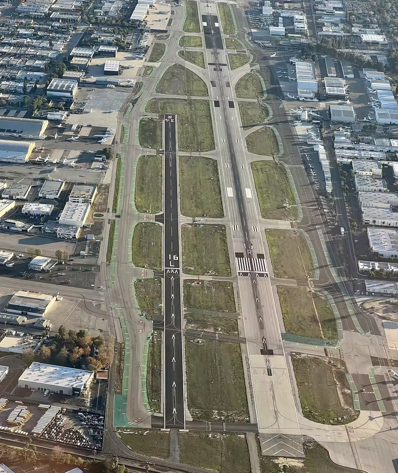 Aerial view looking south over the parallel runways at Van Nuys Airport